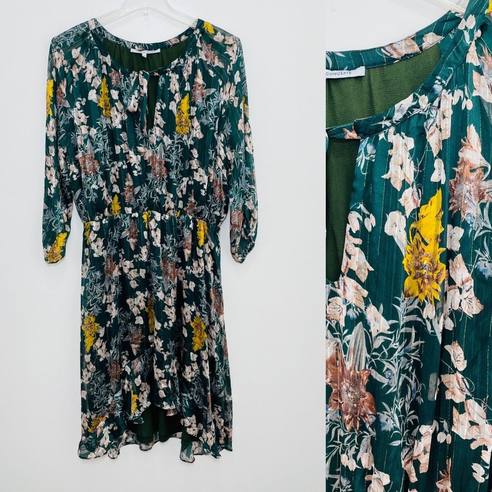 Collective Concepts Women's Dress XL Midi Green Floral Half Sleeve High Low New